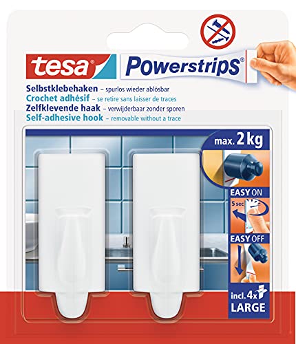 tesa Powerstrips Haken Large TREND - Selbstklebender Wandhaken für Glas, Kacheln, Holz, Kunststoff und andere Untergründe - Weiß von tesa