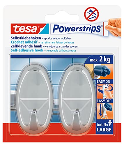 tesa Powerstrips Haken Large OVAL - Selbstklebender Wandhaken für Glas, Kacheln, Holz, Kunststoff und andere Untergründe - Chrom von tesa