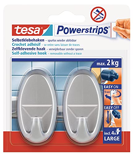 tesa Powerstrips Haken Large OVAL - Selbstklebender Wandhaken für Glas, Kacheln, Holz, Kunststoff und andere Untergründe - Matt-Chrom von tesa