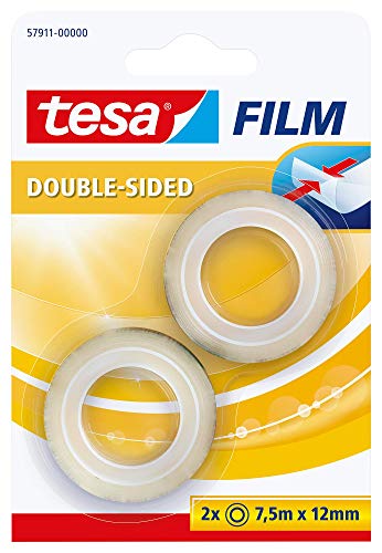 tesafilm doppelseitig im 2er Pack - Doppelseitiger Klebefilm für Fotos, Papier und leichte Kartonagen - transparent - 12 mm breit, 2 x 7,5 m von tesa