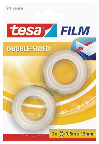 tesafilm doppelseitig im 2er Pack - Doppelseitiger Klebefilm für Fotos, Papier und leichte Kartonagen - transparent - 12 mm breit, 2 x 7,5 m von tesa