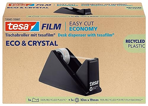 tesafilm eco & crystal Klebeband - transparenter Klebefilm aus wiederverwertetem PET-Material - reißfest, mit starker Klebkraft - Set mit robustem Tischabroller - 1 Rolle á 10 m x 19 mm von tesa