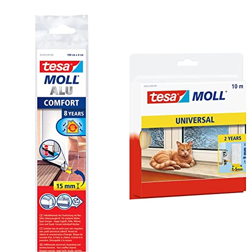 tesamoll Alu COMFORT Türdichtschiene für unebene Böden - Türdichtung zum Schutz vor Zugluft - mit Bürstendichtung bis 15 mm - Weiß & moll Universal Schaumstoff - Weiß - 10 m x 9 mm x 5,5 mm von tesa