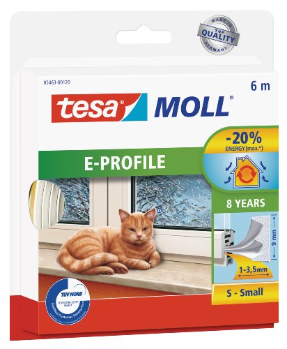tesamoll E-Profil Gummidichtung - Selbstklebende Dichtung zum Isolieren von Spalten an Fenstern und Türen - Weiß - 6 m x 9 mm x 4 mm von tesa