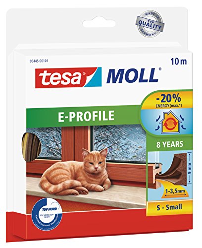 tesamoll E-Profil Gummidichtung - Selbstklebende Dichtung zum Isolieren von Spalten an Fenstern und Türen - Braun - 10 m x 9 mm x 4 mm von tesa