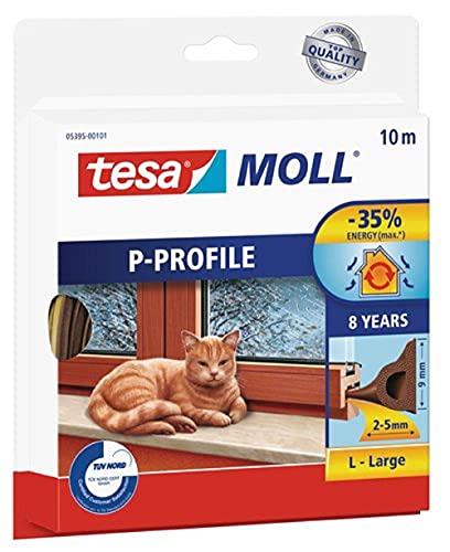 tesamoll P-Profil Gummidichtung - Selbstklebende Dichtung zum Isolieren von Spalten an Fenstern und Türen - Braun - 10 m x 9 mm x 5,5 mm von tesa