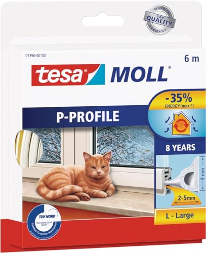 tesamoll P-Profil Gummidichtung - Selbstklebende Dichtung zum Isolieren von Spalten an Fenstern und Türen - Weiß - 6 m x 9 mm x 5,5 mm von tesa
