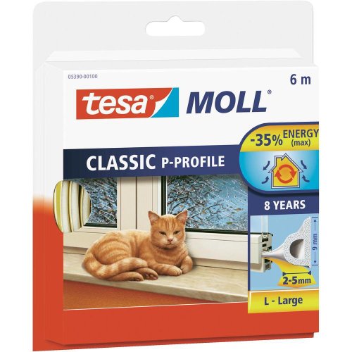 tesamoll P-Profil Gummidichtung - Selbstklebende Dichtung zum Isolieren von Spalten an Fenstern und Türen - Weiß - 6 m x 9 mm x 5,5 mm von tesa