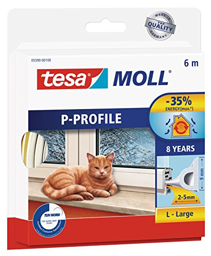 tesamoll P-Profil Gummidichtung - Selbstklebende Dichtung zum Isolieren von Spalten an Fenstern und Türen - Weiß - 6 m x 9 mm x 5,5 mm von tesa