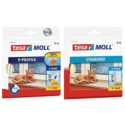 tesamoll P-Profil Gummidichtung - Dichtung zum Isolieren von Spalten an Fenstern und Türen - Weiß - 6 m x 9 mm x 5,5 mm & moll STANDARD I-Profil - Schaumstoffdichtung - Weiß - 6 m x 9 mm x 4 mm von tesa