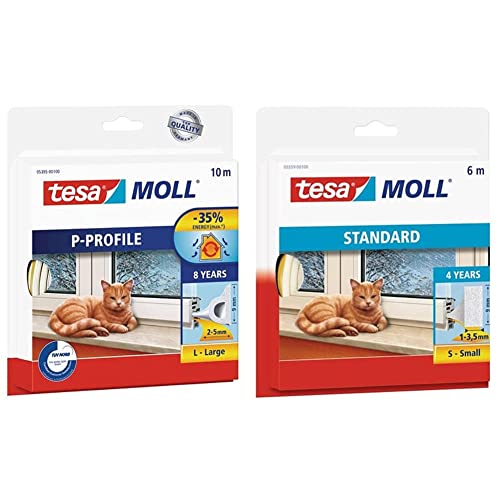 tesamoll P-Profil Gummidichtung - Selbstklebende Dichtung - Weiß - 10 m x 9 mm x 5,5 mm & moll STANDARD I-Profil - Schaumstoffdichtung zum Isolieren von Spalten im Haushalt- Weiß - 6 m x 9 mm x 4 mm von tesa