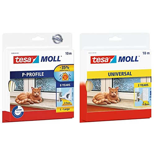 tesamoll P-Profil Gummidichtung - Selbstklebende Dichtung - Weiß - 10 m x 9 mm x 5,5 mm & moll Universal Schaumstoff - Schaumstoffdichtung zum Isolieren von Spalten - Weiß - 10 m x 9 mm x 5,5 mm von tesa