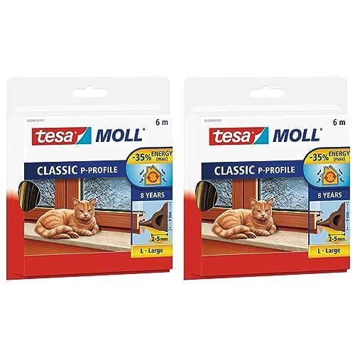 tesamoll P-Profil Gummidichtung - Selbstklebende Dichtung zum Isolieren von Spalten an Fenstern und Türen - Braun - 6 m x 9 mm x 2-5 mm (Packung mit 2) von tesa