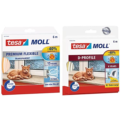 tesamoll Premium Flexible - Selbstklebende Silikondichtung zum Isolieren von Spalten an Fenstern und Türen - Transparent - 6 m x 9 mm x 7 mm & moll D-Profil Gummi Fenster und Türdichtung weiss 6m von tesa