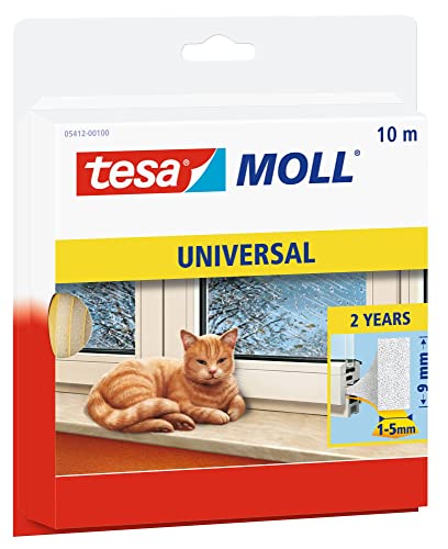 tesamoll Universal Schaumstoff - Schaumstoffdichtung zum Isolieren von Spalten im Haushalt, selbstklebend - Weiß - 10 m x 9 mm x 5,5 mm von tesa