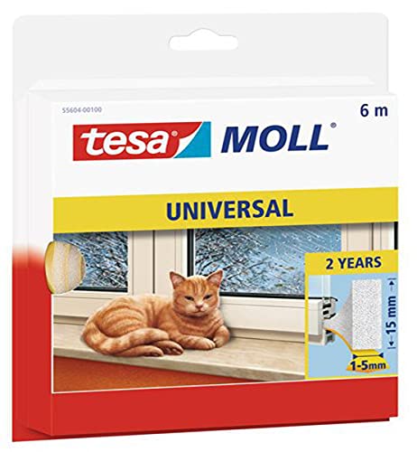 tesamoll Universal Schaumstoff - Schaumstoffdichtung zum Isolieren von Spalten im Haushalt, selbstklebend - Weiß - 6 m x 15 mm x 5,5 mm von tesa