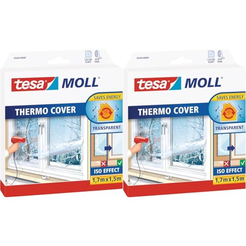 tesamoll Thermo Cover Fenster-Isolierfolie - Transparente Isolierfolie zur Wärmedämmung an Fenstern - Inklusive praktischer Klebelösung - 1,7 m x 1,5 m (Packung mit 2) von tesa