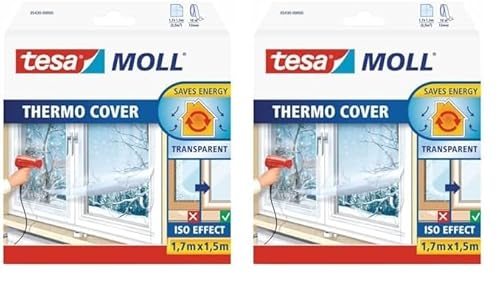 tesamoll Thermo Cover Fenster-Isolierfolie - Transparente Isolierfolie zur Wärmedämmung an Fenstern - Inklusive praktischer Klebelösung - 1,7 m x 1,5 m (Packung mit 2) von tesa