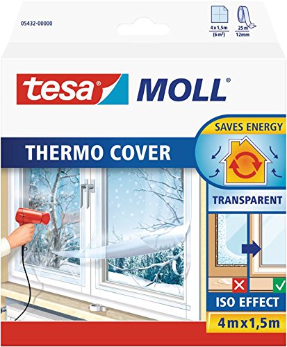 tesamoll Thermo Cover Fenster-Isolierfolie - Transparente Isolierfolie zur Wärmedämmung an Fenstern - Inklusive praktischer Klebelösung - 4 m x 1,5 m (4 m : 1,5 m, Neues Modell) von tesa