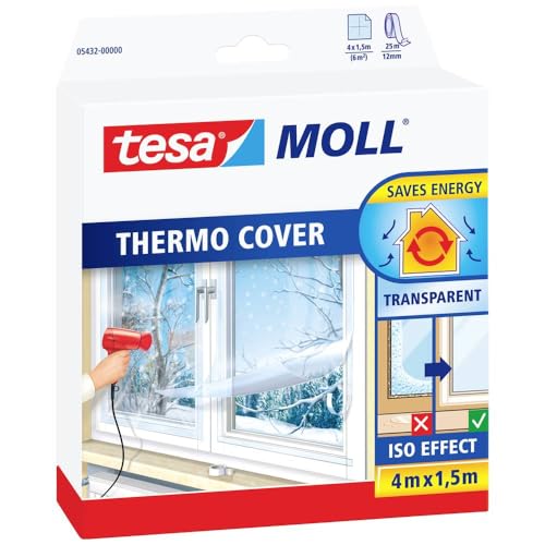 tesamoll Thermo Cover Fenster-Isolierfolie - Transparente Isolierfolie zur Wärmedämmung an Fenstern - Inklusive praktischer Klebelösung - 4 m x 1,5 m von tesa