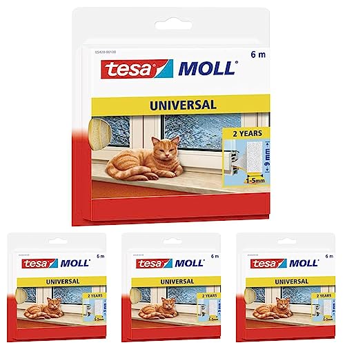 tesamoll Universal Schaumstoff - Schaumstoffdichtung zum Isolieren von Spalten im Haushalt, selbstklebend - Weiß - 6 m x 9 mm x 1-5 mm (Packung mit 4) von tesa