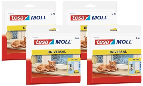 tesamoll Universal Schaumstoff - Schaumstoffdichtung zum Isolieren von Spalten im Haushalt, selbstklebend - Weiß - 6 m x 9 mm x 1-5 mm (Packung mit 4) von tesa