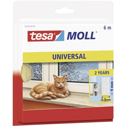 tesamoll Universal Schaumstoff - Schaumstoffdichtung zum Isolieren von Spalten im Haushalt, selbstklebend - Weiß - 6 m x 9 mm x 5,5 mm von tesa