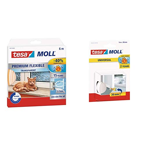 tesamoll premium flexibles Dichtungsband / Für Tür- und Fensterspalten & tesamoll® Universal Tür-Boden Dichtung weich Schaumstoff weiß 1m/38mm/2mm von tesa