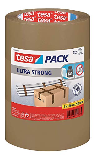 tesapack Ultra Strong - PVC-Klebeänder für festes Verpacken und sicheres Bündeln - Braun - 66 m x 50 mm, 3er-Pack von tesa