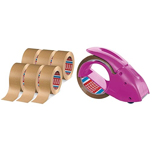 tesapack 4713 Paketband im 6er Pack - Papier Klebeband - braun - 6 Rollen je 50 m x 50 mm & tesapack Abroller Pack' n' Go - Ergonomischer, pinker Handabroller - Inklusive 50 m x 48 mm Klebeband von tesa