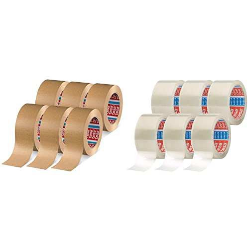 tesapack 4713 Paketband im 6er Pack - Papier Klebeband zum Verschließen von Verpackungen & 64014 im 6er Pack - Geräuscharmes Paketklebeband zum Verpacken- transparent - 6 Rollen je 66 m von tesa