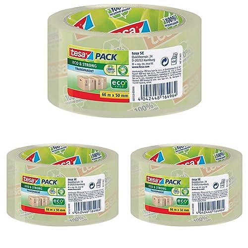 tesapack Eco und Strong - Umweltschonendes Paketband aus 100 Prozent recyceltem Kunststoff, UV- und alterungsbeständig - Transparent - 66 m x 50 mm, 3er Pack von tesa