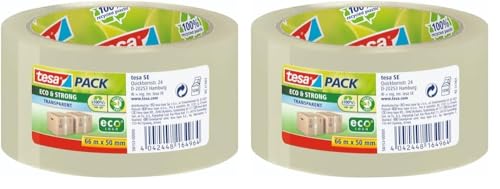 tesapack Eco und Strong - Umweltschonendes Paketband aus 100 Prozent recyceltem Kunststoff, UV- und alterungsbeständig - Transparent - 66 m x 50 mm (Packung mit 2) von tesa