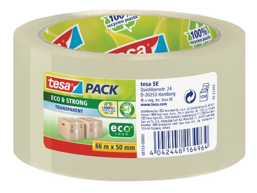 tesapack Eco & Strong - Umweltschonendes Paketband aus 100 % recyceltem Kunststoff, UV- und alterungsbeständig - Transparent - 66 m x 50 mm von tesa