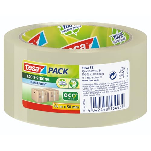 tesapack Eco & Strong - Umweltschonendes Paketband aus 100% recyceltem Kunststoff, UV- und alterungsbeständig - Transparent - 66 m x 50 mm von tesa