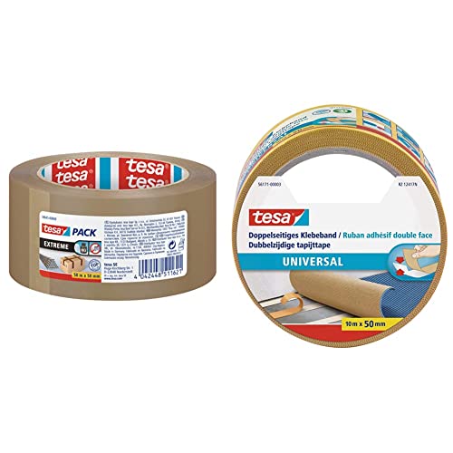 tesapack Extreme, Premium-Paketband, besonders klebstark und reißfest, ideal zum Verpacken und Bündeln schwerer Pakete und Objekte & 56171-00003-01 Universal Doppelklebeband,10m x 50mm von tesa