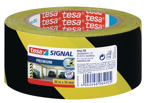 tesa Signal Markierungsklebeband PREMIUM - selbstklebendes Warnband zur permanenten Markierung und Kennzeichnung von Gefahrenzonen - aus robustem PVC - 66 m x 50 mm - Schwarz / Gelb von tesa