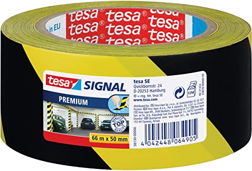 tesa Signal Markierungsklebeband PREMIUM - selbstklebendes Warnband zur permanenten Markierung und Kennzeichnung von Gefahrenzonen - aus robustem PVC - 66 m x 50 mm - Schwarz / Gelb von tesa