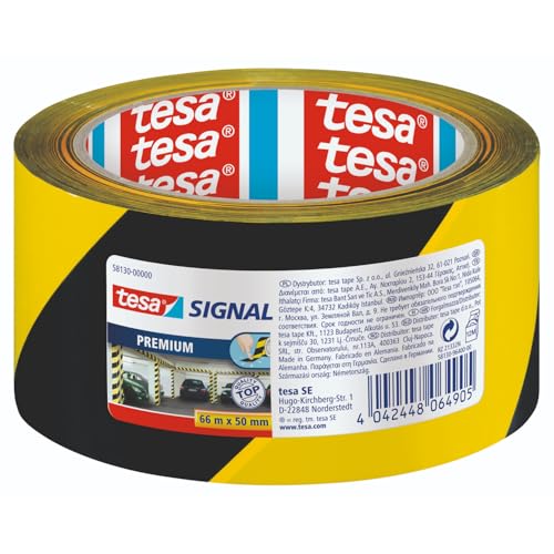 tesa Signal Markierungsklebeband PREMIUM - selbstklebendes Warnband zur permanenten Markierung und Kennzeichnung von Gefahrenzonen - aus robustem PVC - 66 m x 50 mm - Schwarz / Gelb von tesa