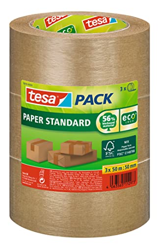 tesapack Papier Standard - Umweltschonendes Paketband aus Papier, 56 % biobasiertes Material - Effizient und recyclingfreundlich - Braun - 3x 50 m x 50 mm von tesa
