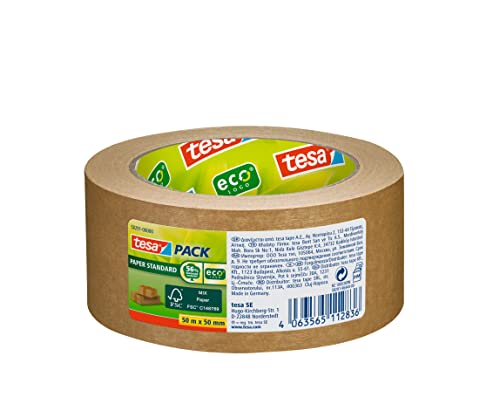 tesapack Papier Standard - Umweltschonendes Paketband aus Papier, 56 % biobasiertes Material - Effizient und recyclingfreundlich - Braun - 50 m x 50 mm von tesa