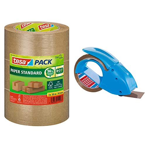 tesapack Papier Standard - Umweltschonendes Paketband aus Papier, Braun - 3x 50 m x 50 mm & pack Abroller Pack' n' Go - Ergonomischer, Inklusive 50 m x 48 mm Klebeband von tesa