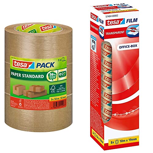 tesapack Papier Standard - Umweltschonendes Paketband aus Papier - Braun & film transparent - Transparentes Klebeband mit starker Haftung - alterungsbeständig und reißfest - 10 m x 19 mm - 8er Pack von tesa