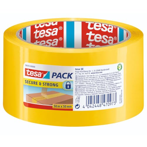 tesapack Secure & Strong - gelbes Paketband mit Siegel-Effekt für einen sicheren Transportweg, 50m:50mm von tesa