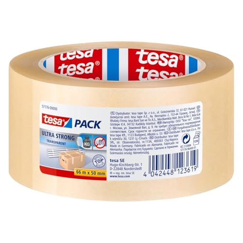 tesapack Ultra Strong - PVC-Klebebänder für festes Verpacken und sicheres Bündeln - Transparent - 66 m x 50 mm von tesa