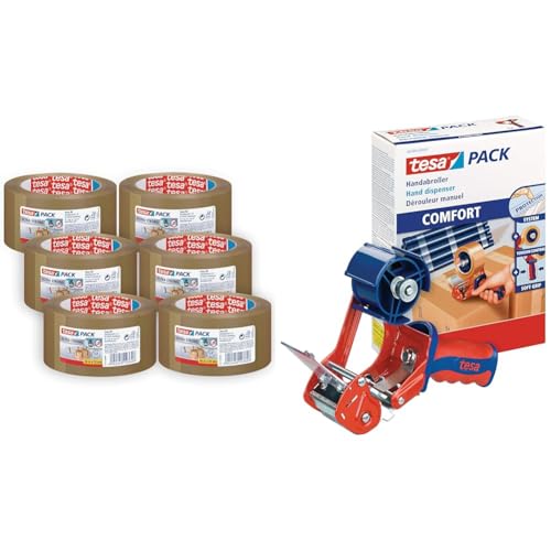 tesapack Ultra Strong im 6er Pack - PVC-Klebebänder für festes Verpacken und sicheres Bündeln & 6400 Packband Handabroller COMFORT - Hochwertiger, robuster Abroller für Paketbänder tesapack Ultra Strong im 6er Pack - PVC-Klebebänder für festes Verpacken und sicheres Bündeln & 6400 Packband Handabroller COMFORT - Hochwertiger, robuster Abroller für Paketbänder von tesa