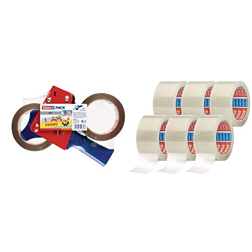 tesapack Ultra Strong und Handabroller im Set mit 2 besonders reißfesten PVC-Klebebändern - Braun - 66 m x 50 mm & ack 64014 im 6er Pack - Geräuscharmes Paketklebeband - transparent - 6 Rollen je 66 m von tesa