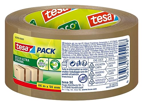 tesapack eco & ultra strong Paketklebeband - Klebeband aus wiederverwertetem Material - sicheres Verschließen von Paketen mit bis zu 30 kg Gewicht - 1 Rolle á 50 m x 50 mm von tesa