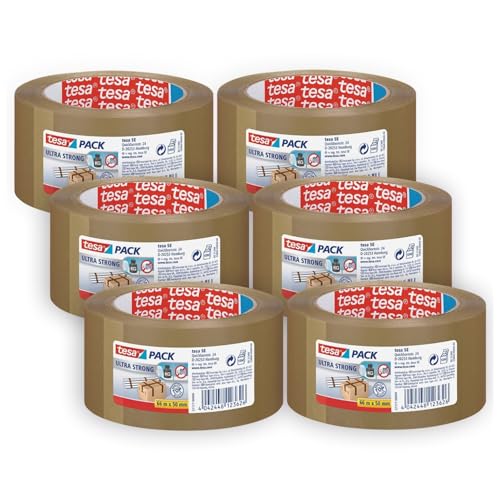 tesapack Ultra Strong im 6er Pack - PVC-Klebebänder für festes Verpacken und sicheres Bündeln - Braun - 6 Rollen je 66 m von tesa