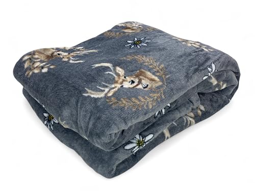 Tagesdecke Sherpa Hirsch Grau – Kuscheldecke aus Fleece mit Lammfell-Rückseite – Tiroler Stil, Hirsch und Alpine – Einzelbett von tex family